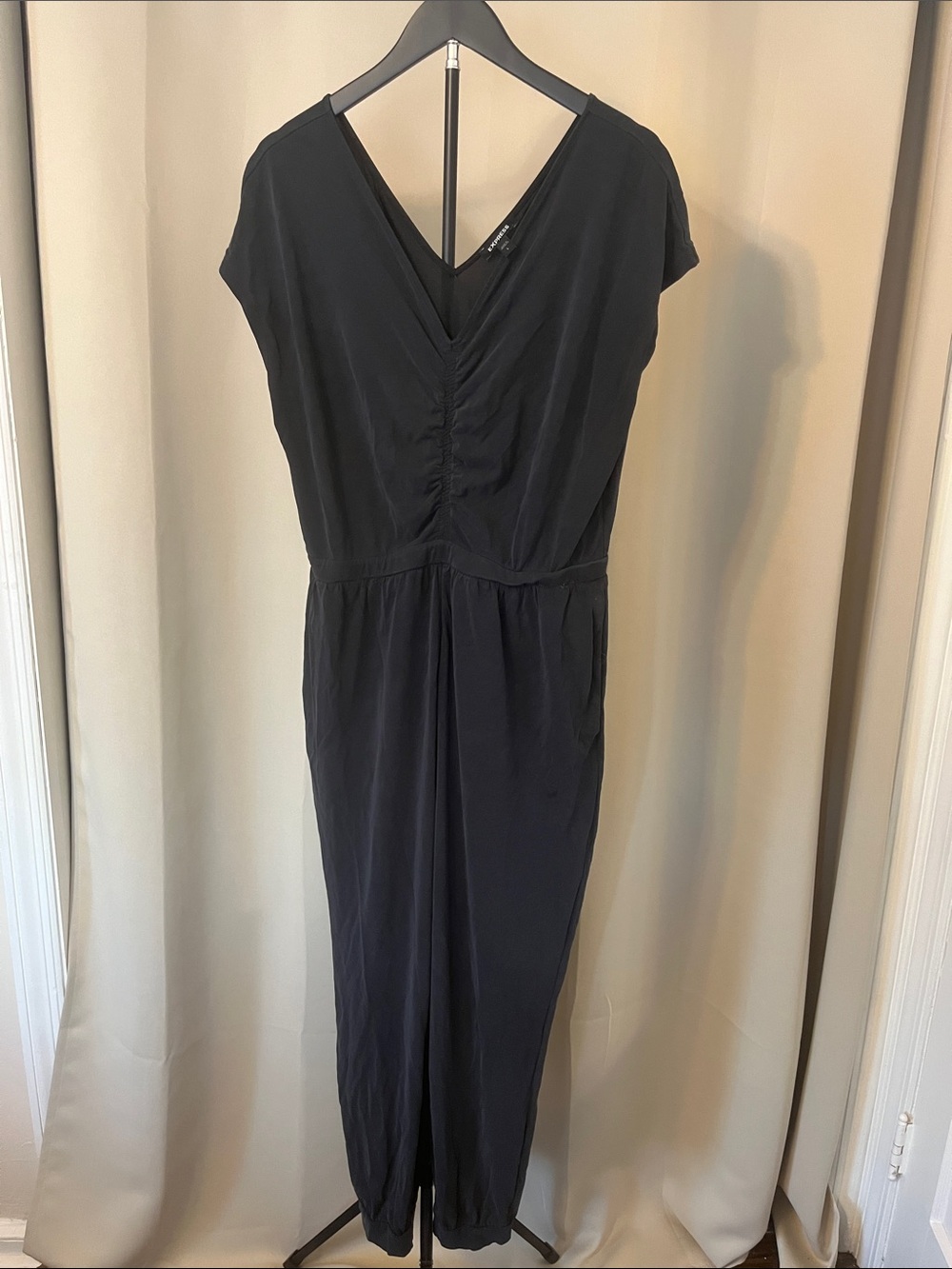 Express Black V-Neck Jumpsuit with Ruched Waist